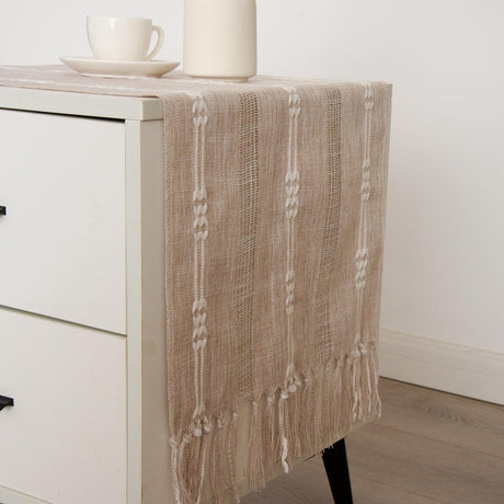 Hpxrom Rustic Small Linen Table Runner Farmhouse Burlap Boho Striped Table Runners Light Coffee Short Table Runner with Hand-Tassels for Dining Wedding Dresser and End Table Decor 14 x 36 Inches Hpxrom