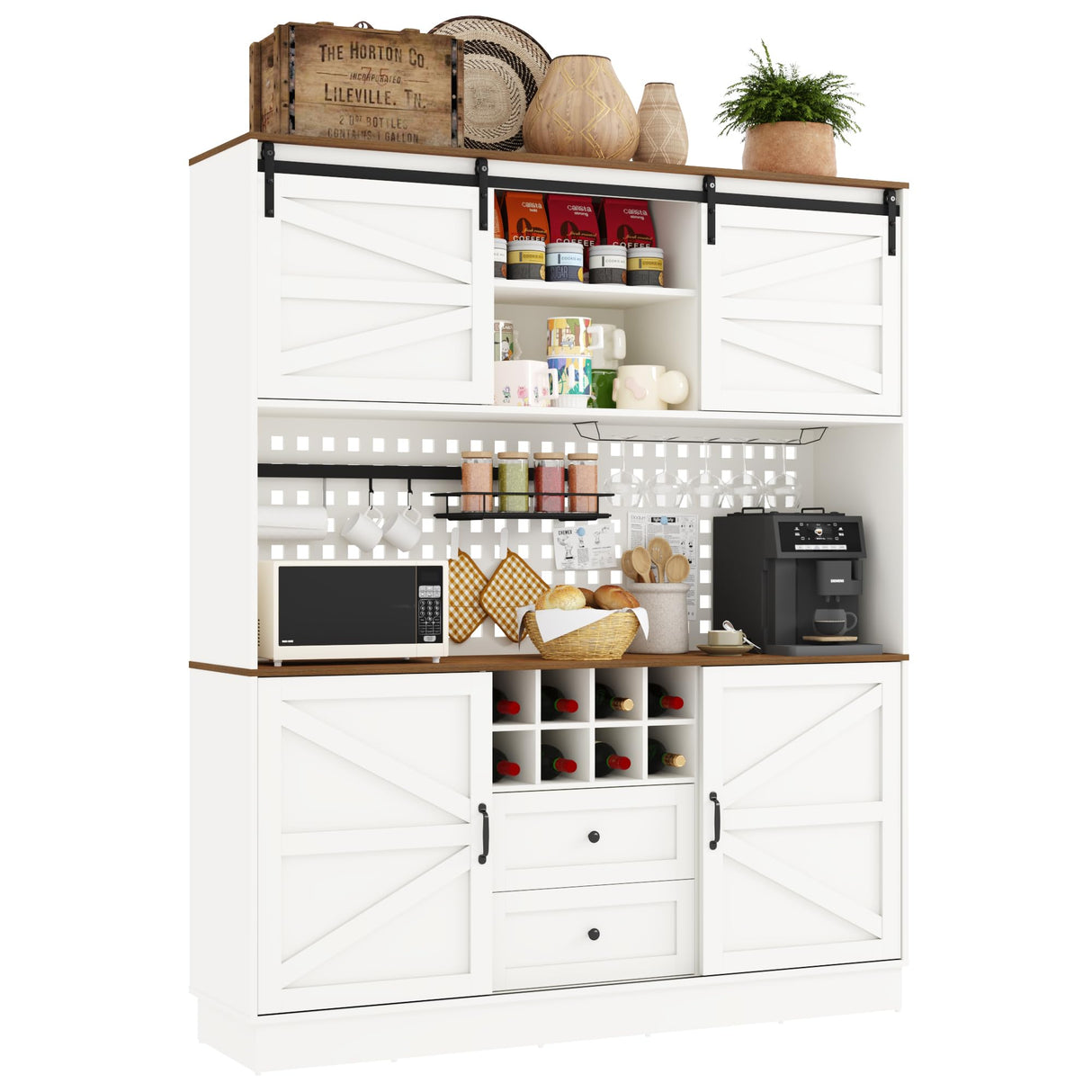 75” Tall Large Kitchen Pantry Storage Cabinet,63"W Farmhouse Kitchen Hutch Cabinet w/Power Outlet,Large Coffee Bar Cupboard w/Microwave Shelf & Wine Rack,4 Doors,2 Drawers, Dining Room, White chartustriable