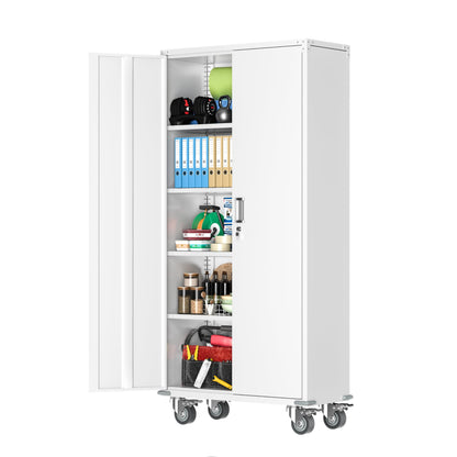 Greenvelly Metal Storage Cabinet with Wheels,75” White Lockable Storage Cabinet with Doors and Shelves,Garage Storage Cabinet with Pegboards for Home,Office,Gym,Basement, Kitchen Pantry,Wareh - WoodArtSupply