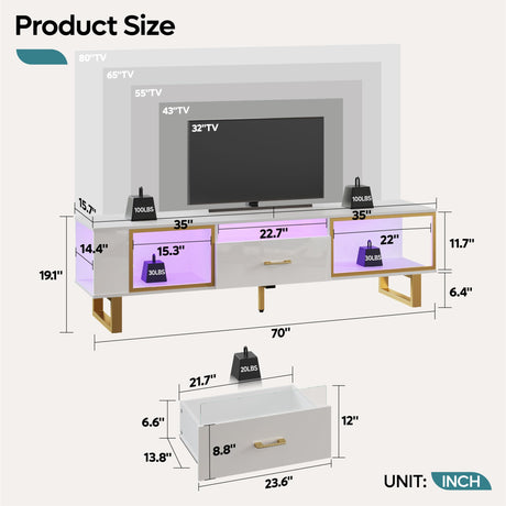 Bestier TV Stand with LED Light for TVs up to 80 inch, Modern Entertainment Center with Open Storage and Half-Glass Design Drawer, High Gloss Media Console Table for Living Room Bedrom, White and Gold Bestier
