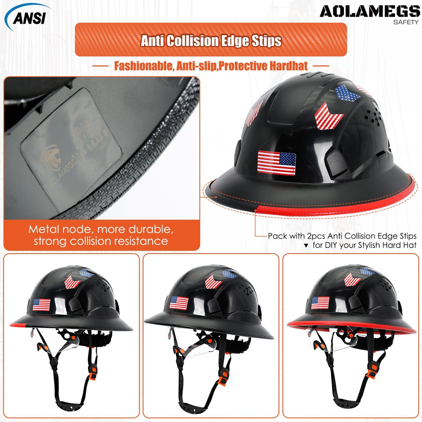 Aolamegs Safe Full Brim Hard Hats Construction OSHA Approved With Clear Visor - ANSI Z89.1 Vented Black Hard Hat With Chin Strap Reflective Cascos De Construccion Safety Helmet for Men 6-Pt S - WoodArtSupply