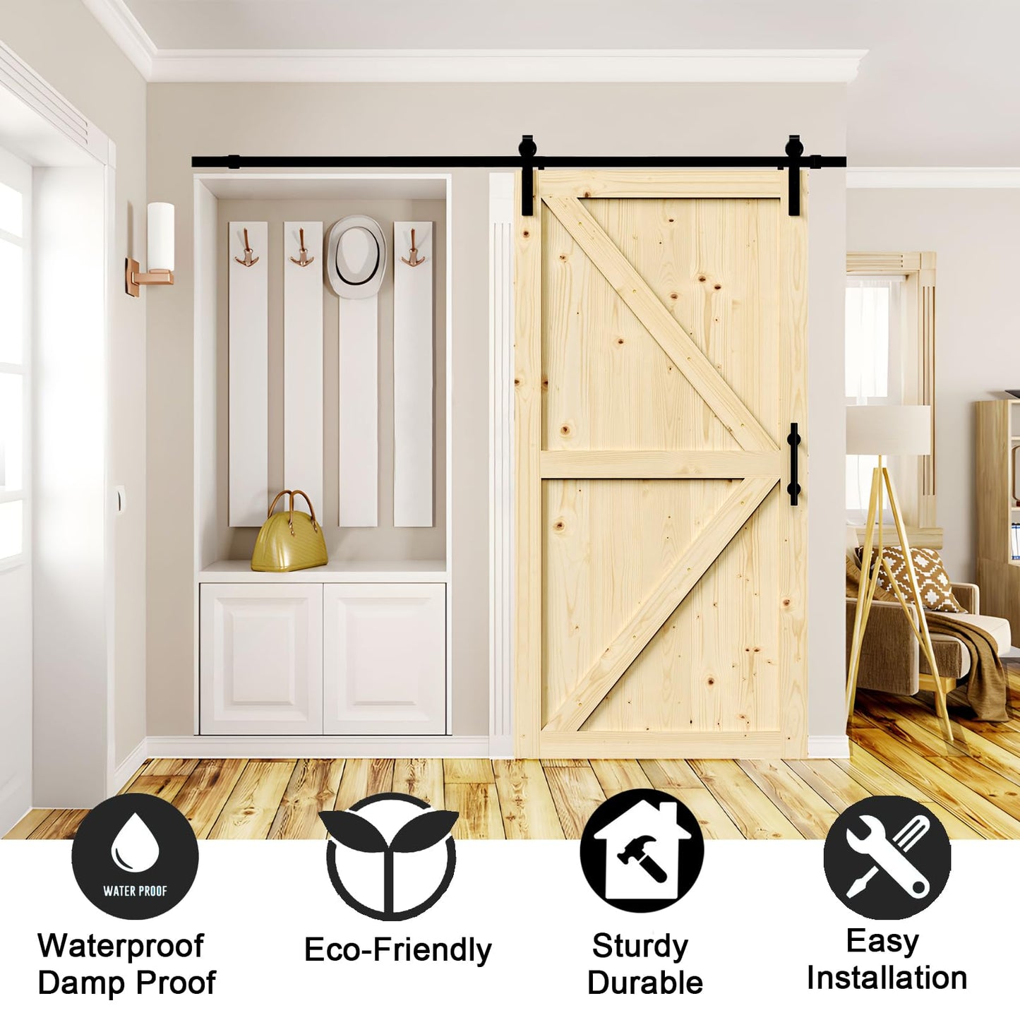 30in x 84in Barn Door Wood, 7FT Sliding Door with Hardware Kit Included, Solid Pine Barn Doors K Shape with Black Barn Door Handle and Floor Guide Need to Assembly - WoodArtSupply