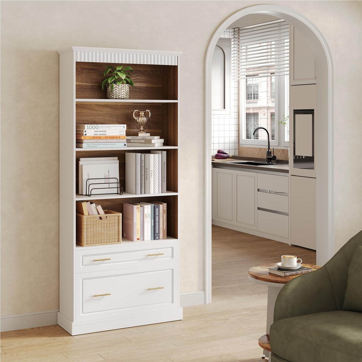 LITTLE TREE 72-Inch Tall White Bookcase, 5-Tier Wooden Open Display Bookshelf with 2 Drawers fits Letter, Legal, A4 Size, Modern Floor Standing Storage Organizer for Home Office & Living Room,Bedroom LITTLE TREE