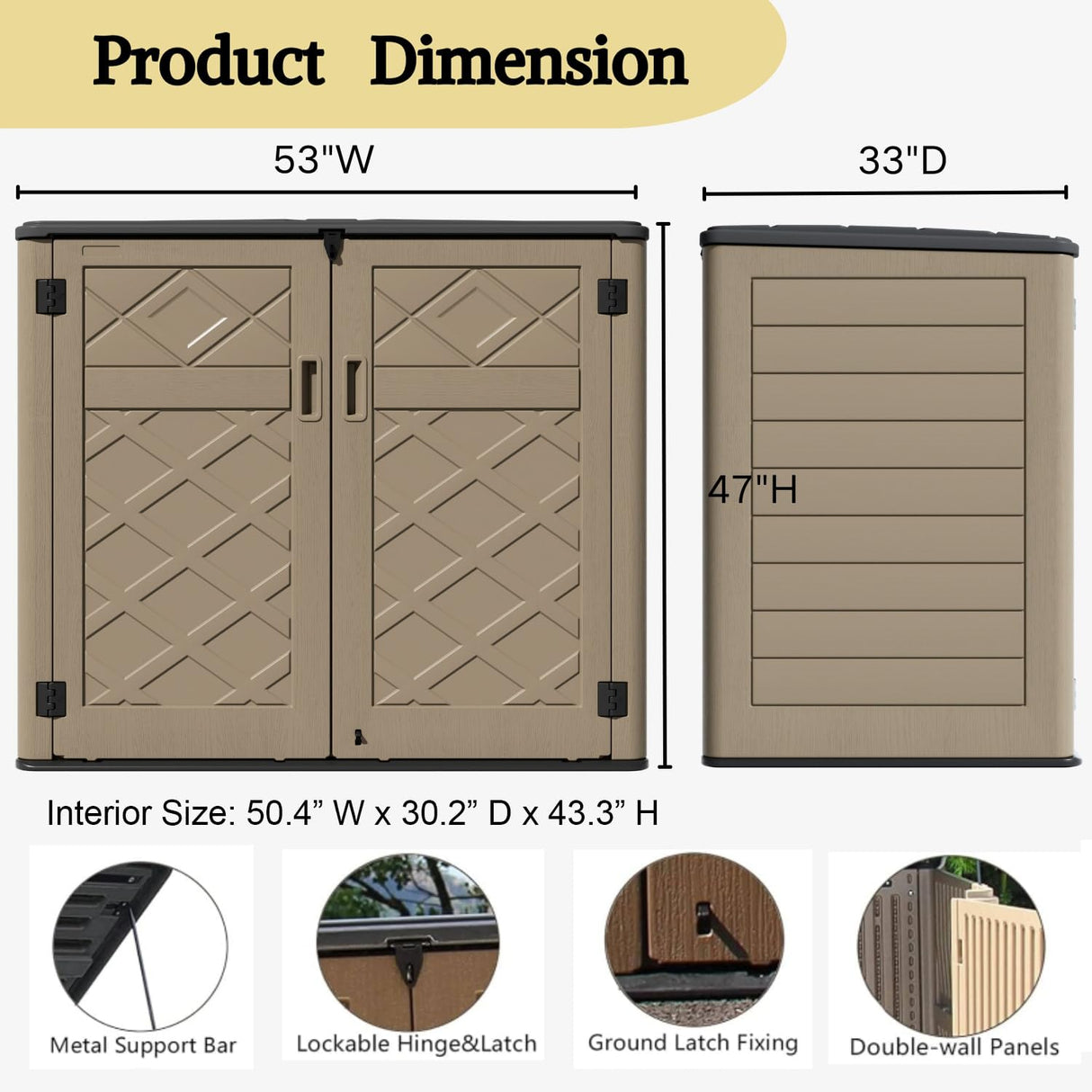 ZZM Large Outdoor Storage Shed, 48 Cu Ft Resin Versatile Storage Cabinet for Patio Accessories, Trash Cans & Garden Tools, Durable Horizontal Storage Box with Lockable Lid (Coffee) ZZM