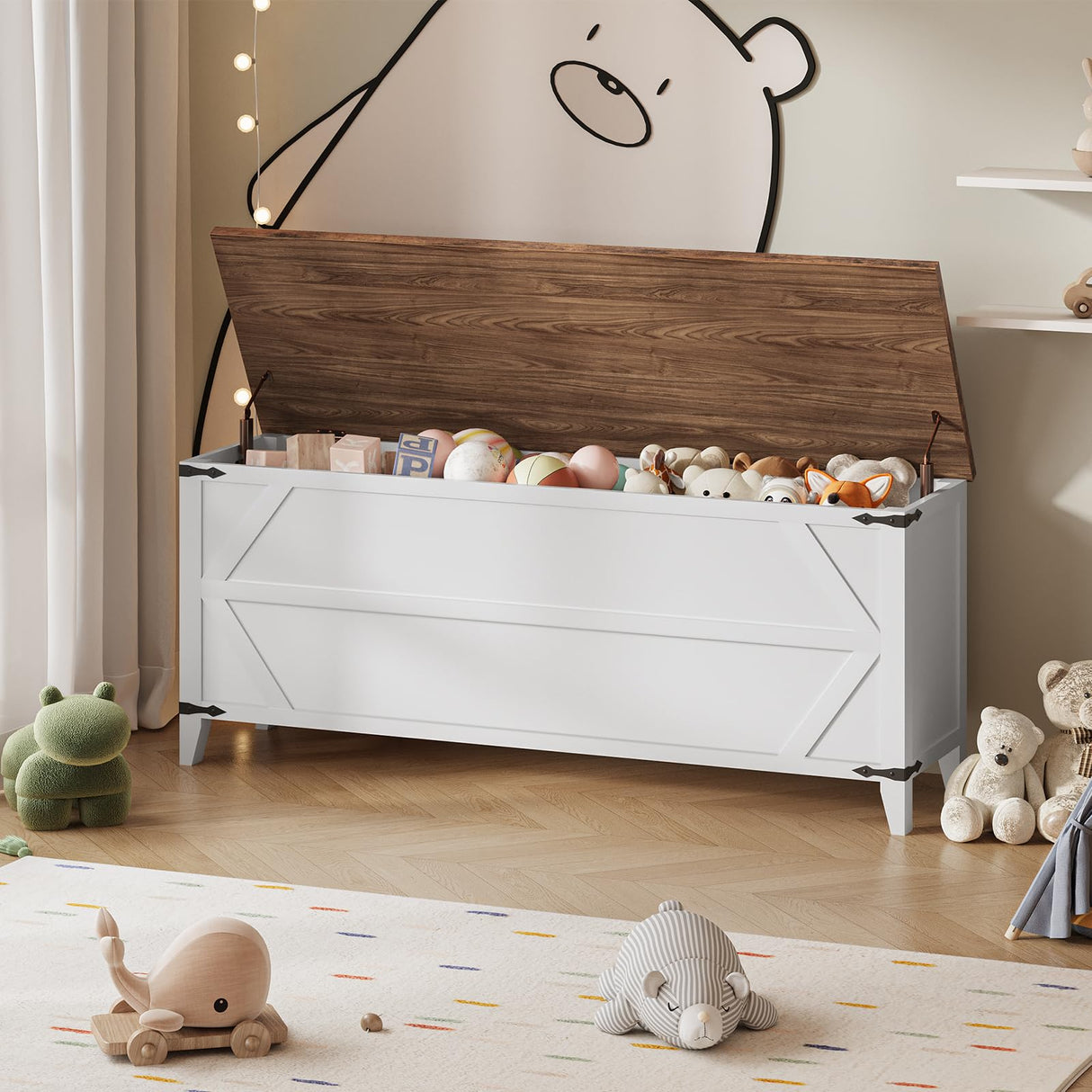 HOOBRO 47.2" Toy Box, Storage Chest with Safety Hinges, Toy Chest Storage, Wooden Storage Bench for Bedroom, Living Room, White and Walnut WH16CW01 HOOBRO