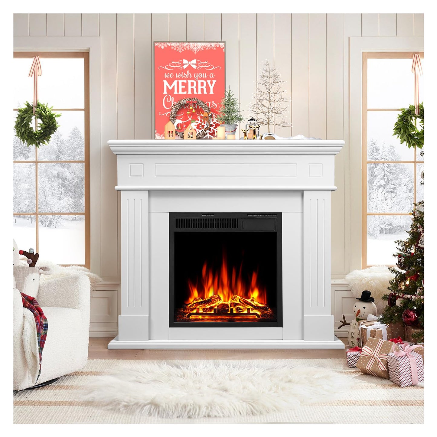 44" Electric Fireplace with Mantel Package Freestanding Fireplace Heater Corner Firebox with Log & Remote Control,750-1500W,Pearl White