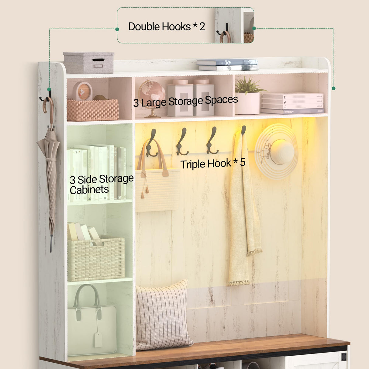 Hzuaneri 59.8" Hall Tree, LED Farmhouse Entryway Storage and Coat Rack Wood, Entryway Furniture with 7 Hooks, Hall Tree with Bench and Storage, 6 Storages Partitions Shoe Bench, Rustic White HT24814B Hzuaneri