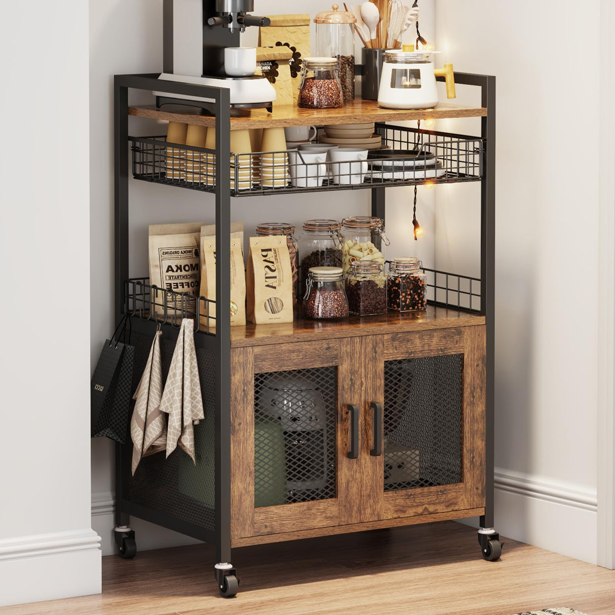Hencawima Coffee Bar Cabinet, 3 Tier Coffee Station Table on Wheels, 35.9" H Bar Cart with Wire Basket Drawer & 5 Hooks for Home Kitchen, Liquor Buffet Sideboard Cabinet (Rustic Brown) Hencawima