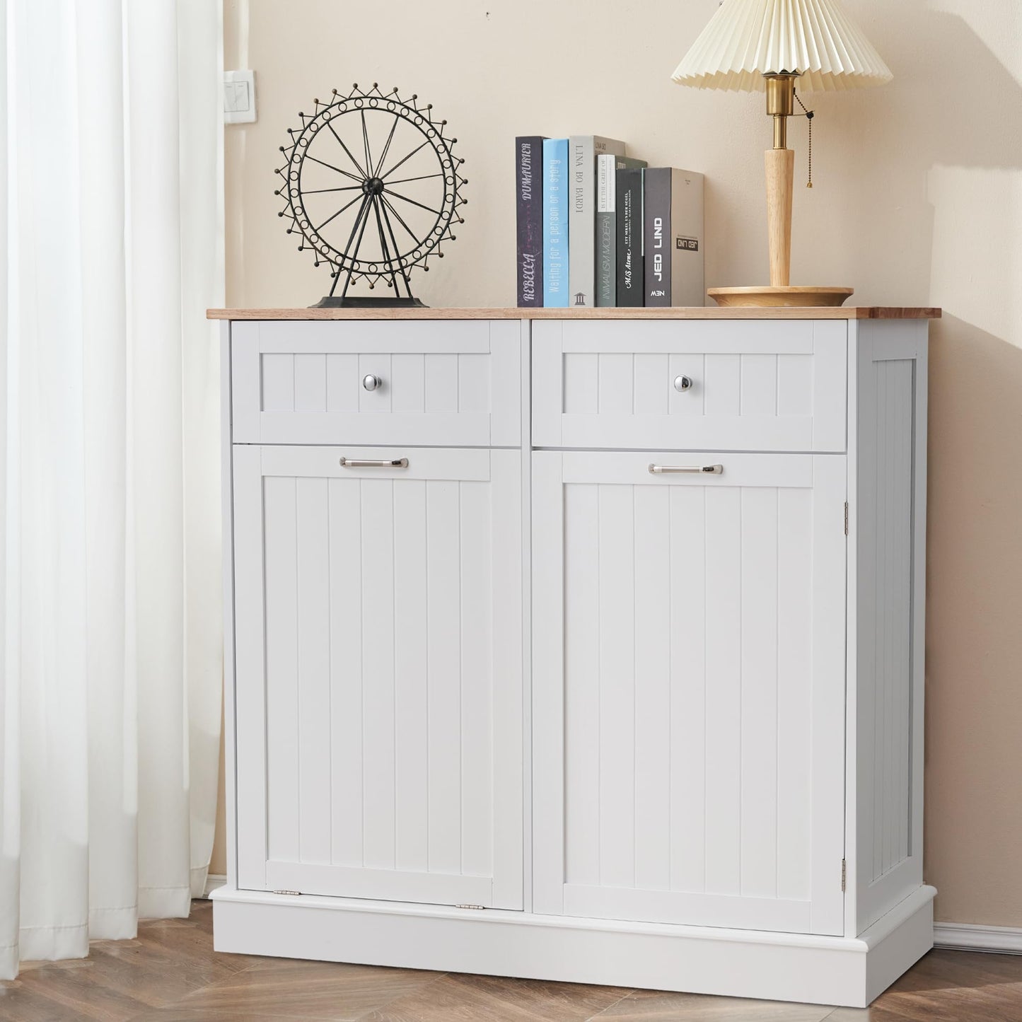 OUTGUAVA 13 Gallons Tilt Out Trash Cabinet Free Standing Recycling Trash Cabinet with Hideaway Drawers, Pet Proof Trash Can Cabinet for Kitchen Living Room (White) - WoodArtSupply