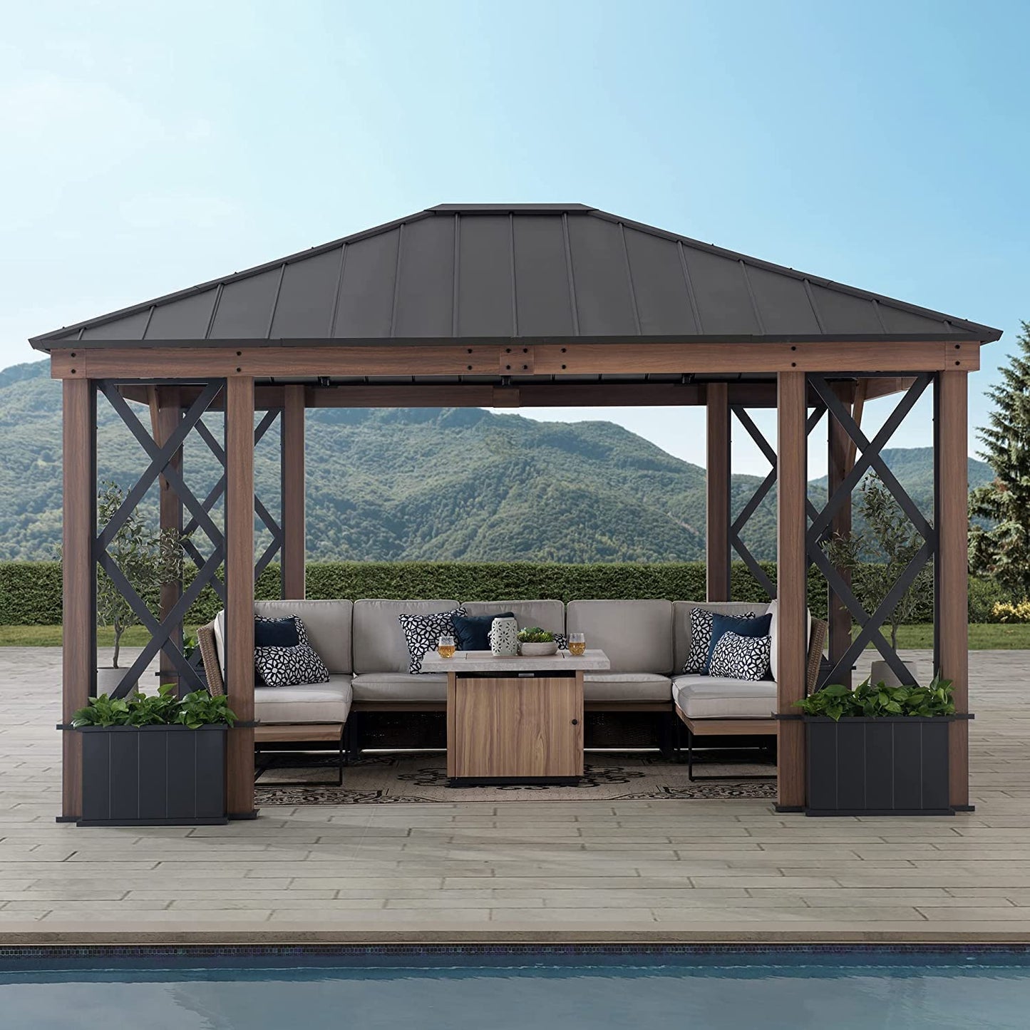 Sunjoy 13 ft. x 15 ft. Hardtop Gazebo, Outdoor Black Steel Roof Gazebo Aluminum Framed Gazebo with Planters and Ceiling Hook for Patio, Garden, and Backyard Activities by SummerCove - WoodArtSupply