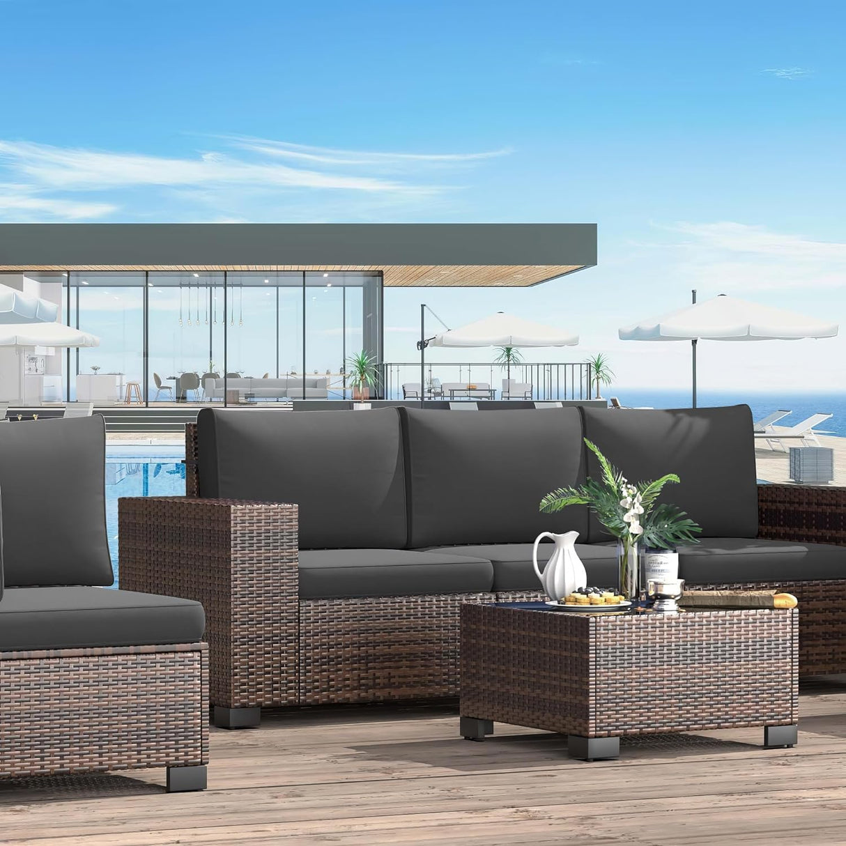VONZOY Patio Furniture Set, 6 Pieces Outdoor Sectional Sofa Conversation Sets, Brown PE Rattan Wicker Seating Set, 4'' Thickened Cushions & 1 Glass Coffee Table for Backyard Poolside, Grey VONZOY