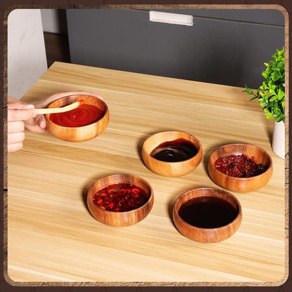 Skylety Acacia Wooden Bowls Small Calabash Bowls Round Wood Salad Hand Carved Calabash Dip Tray for Serving Popcorn Pasta Candy Cereal Coconut Nuts Sauce Appetizers Kitchen(10 Pcs,4 Inch)