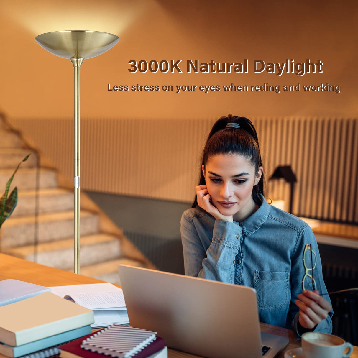 BoostArea Floor Lamp,Torchiere Standing Lamp,20W 2000LM LED Tall Floor Lamp,Stepless Dimmable,Touch Control,50000hrs Lifespan,Pale Floor Lamps for Living Room,Standing Lamps for Bedroom,Gold BoostArea