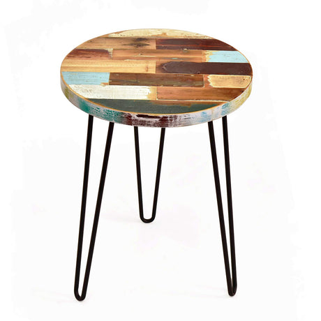 WELLAND Side Table Reclaimed Wood, Round Hairpin Leg End Table, Night Stand, Recycled Boat Wood, 20" Tall WELLAND