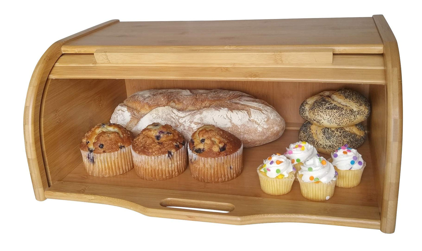 Large bread box bread basket wooden box storage boxes kitchen counter organizer, roll top breadbox. bread boxes for kitchen countertop. Bamboo wooden boxes. (Natural)