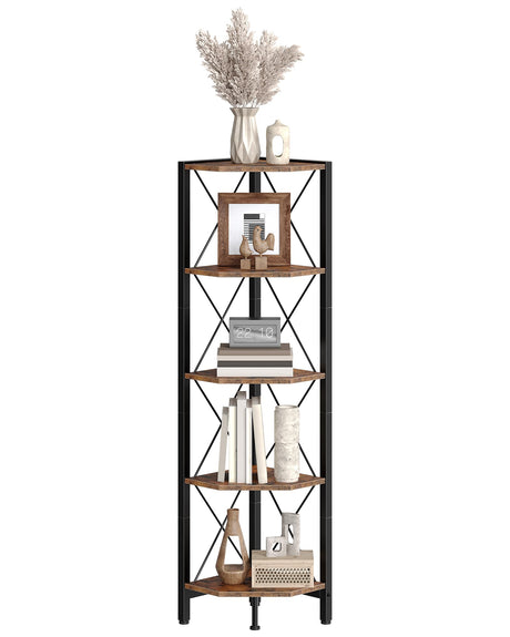 CHOEZON 5-Tier Corner Shelf, Corner Bookcase, 55.2" Tall Vertical Display Rack, Plant Stand, Open Storage Shelf, for Living Room, Bedroom, Study, Kitchen, Rustic Brown and Black TCJ12BF CHOEZON