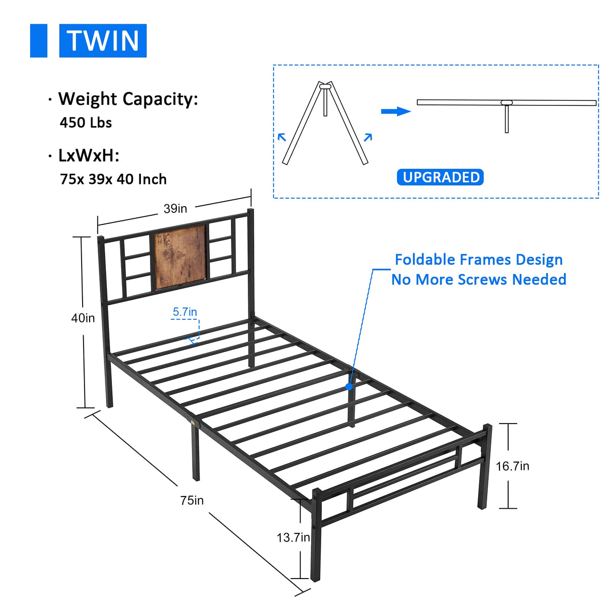 VECELO Twin Size Bed Frame with Headboard, Heavy-Duty Platform with Metal Slats Support, No Box Spring Needed/Easy Assembly, Black VECELO