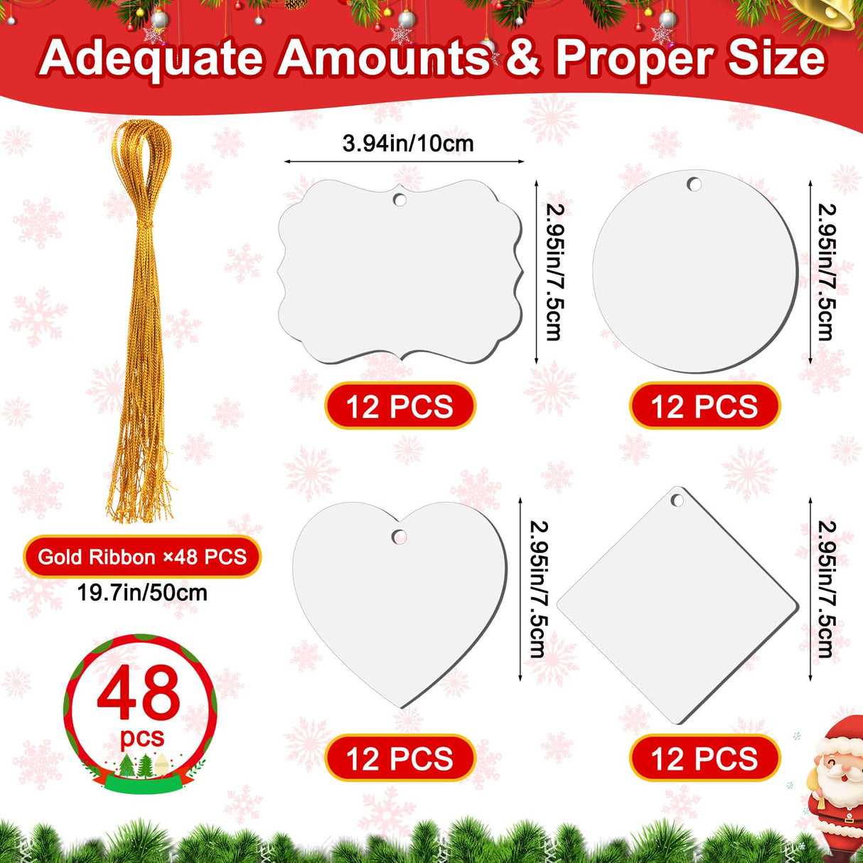 Jenaai 48 Pcs Sublimation Ornament Blanks 2.95 Inch Christmas Double Sided Sublimation Blank Pendants with Rope MDF Heat Transfer Disc Blanks for Party Xmas Tree Decorations and DIY Crafts, 4 Shapes Jenaai