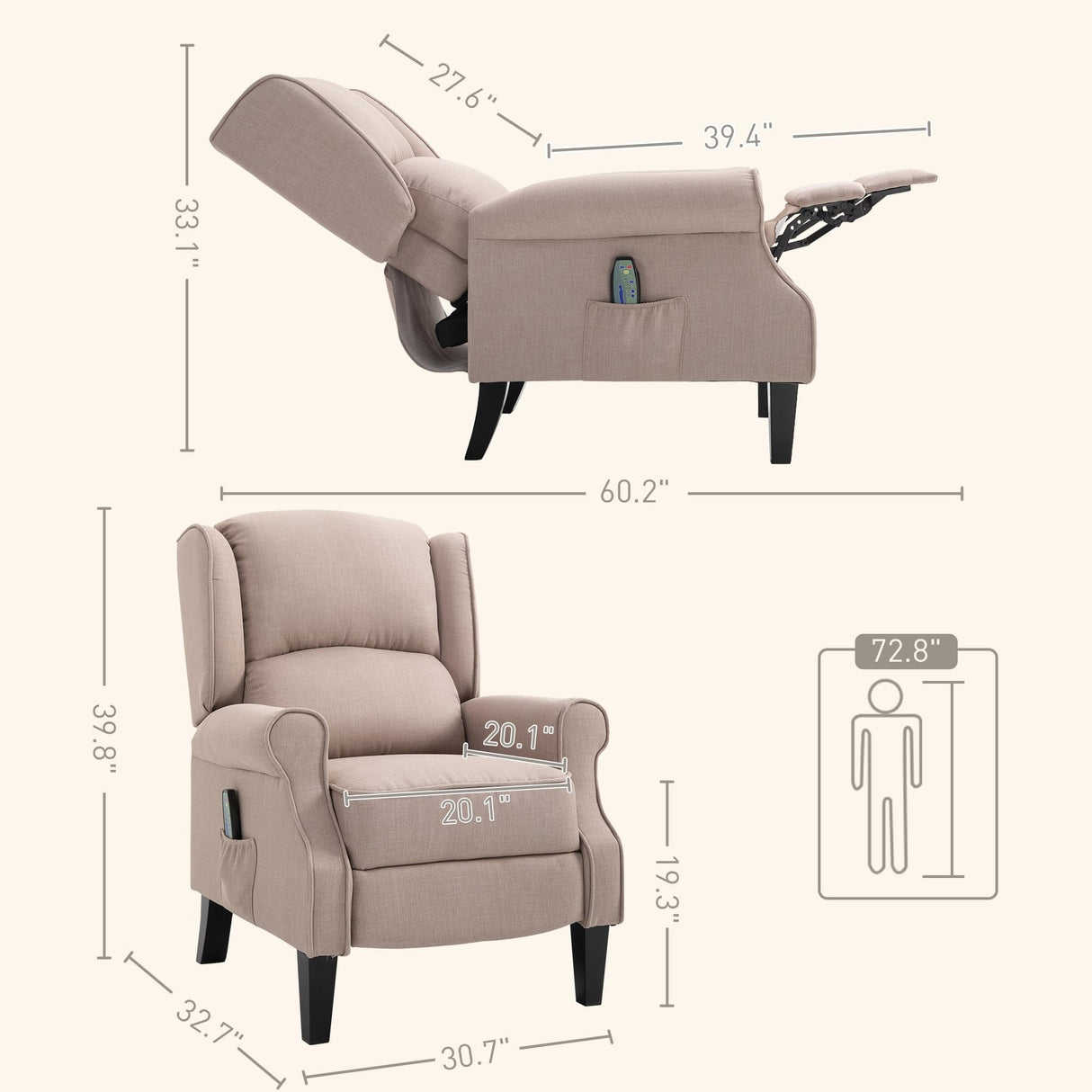 HOMCOM Vibration Massage Recliner Chair for Living Room with Heat, Wingback Single Sofa, Modern Linen Fabric Push Back Reclining Chair with Footrest, Side Pocket, Dark Beige HOMCOM