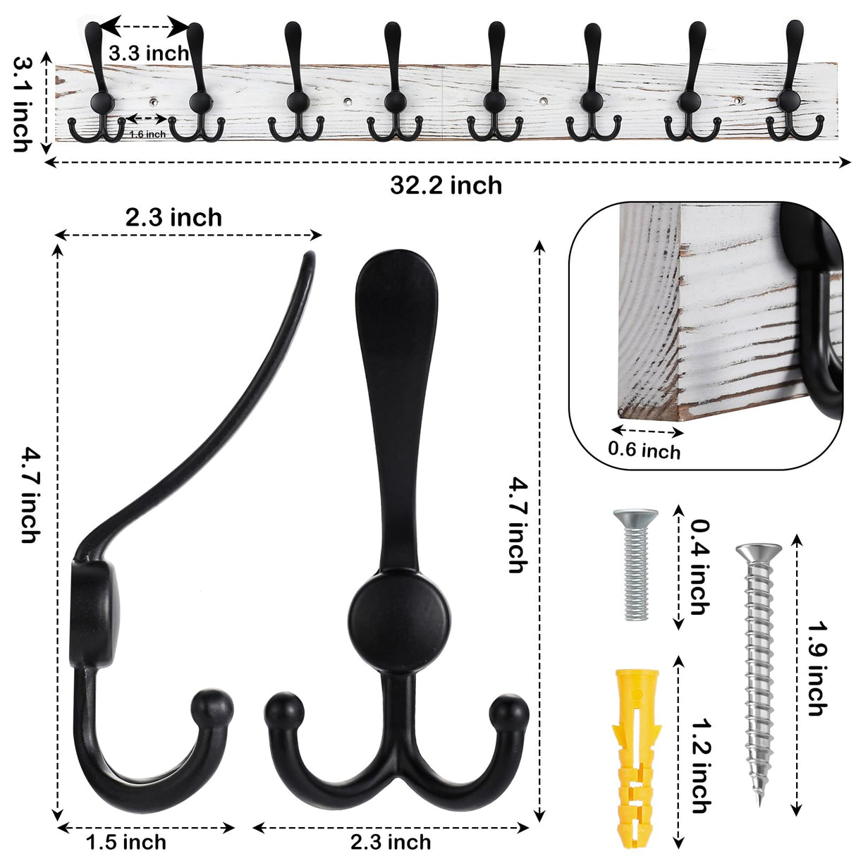 Kuhome 32.2'' Large Coat Rack Wall Mount Coat Hooks with 8 Metal Black Triple-Hooks Old White Pine Real Wood Plank Hat Rack for Wall Hooks Kuhome