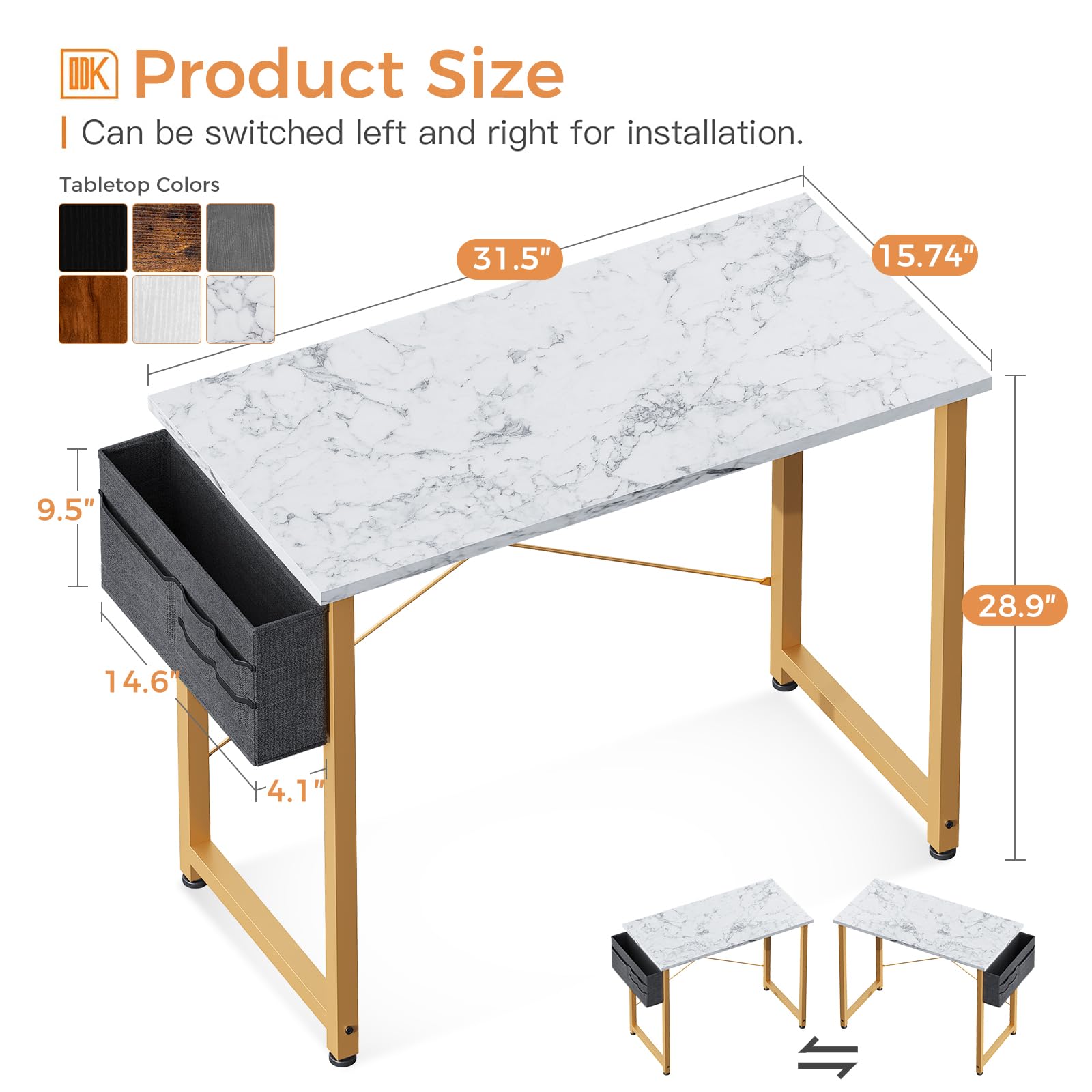 ODK Laptop Desk Study Desk, 32 Inch Small Desk, Writing Desk with Storage, Work Table with Headphone Hook for Small Space Home Office, White Marble + Gold Leg - WoodArtSupply