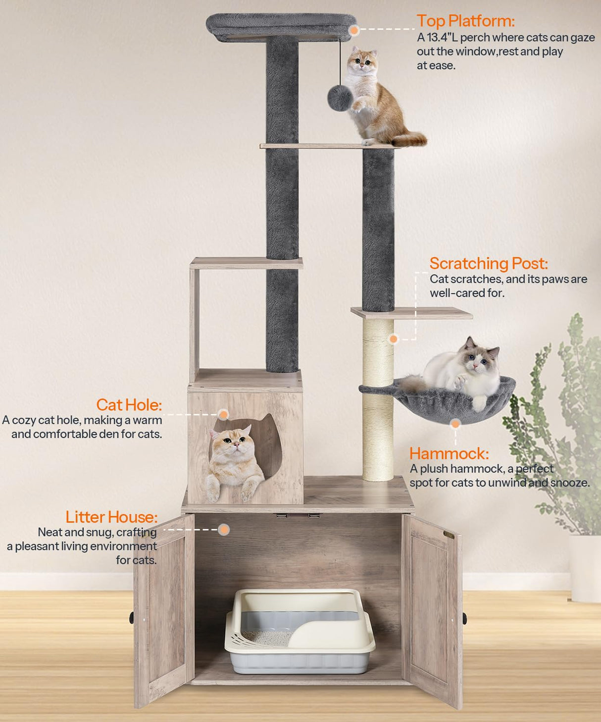 HOOBRO Cat Tree with Litter Box Enclosure, 67.7" H Wooden Multifunctional Pet Furniture with Hidden Litter Box, Perch, Hammock and Scratching Post, Cat Tower for Indoor Cats, Greige BG75MZ03 HOOBRO
