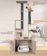 HOOBRO Cat Tree with Litter Box Enclosure, 67.7" H Wooden Multifunctional Pet Furniture with Hidden Litter Box, Perch, Hammock and Scratching Post, Cat Tower for Indoor Cats, Greige BG75MZ03 HOOBRO