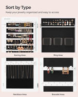 SONGMICS Jewelry Cabinet Armoire, Lockable Wall-Mounted Organizer Unit with 2 Plastic Cosmetic Storage Trays, Full-Length Frameless Mirror, White UJJC001W01 SONGMICS