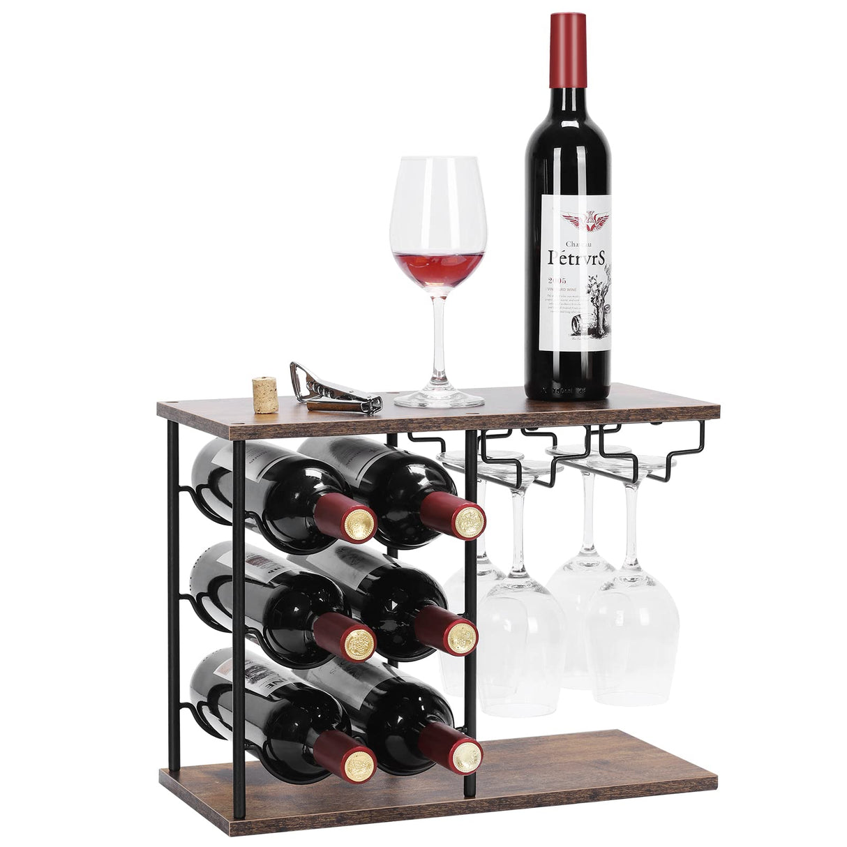 MOOACE Countertop Wine Rack, Hold 6 Wine Bottles and 4 Glasses Rack, Freestanding Wine Rack for Home, Kitchen, Bar Table, Wine Cellar, Cabinet MOOACE