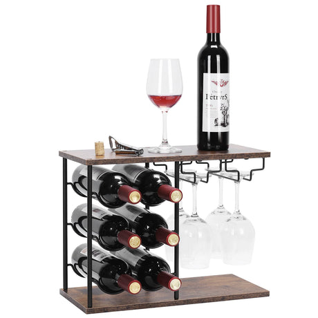 MOOACE Countertop Wine Rack, Hold 6 Wine Bottles and 4 Glasses Rack, Freestanding Wine Rack for Home, Kitchen, Bar Table, Wine Cellar, Cabinet MOOACE