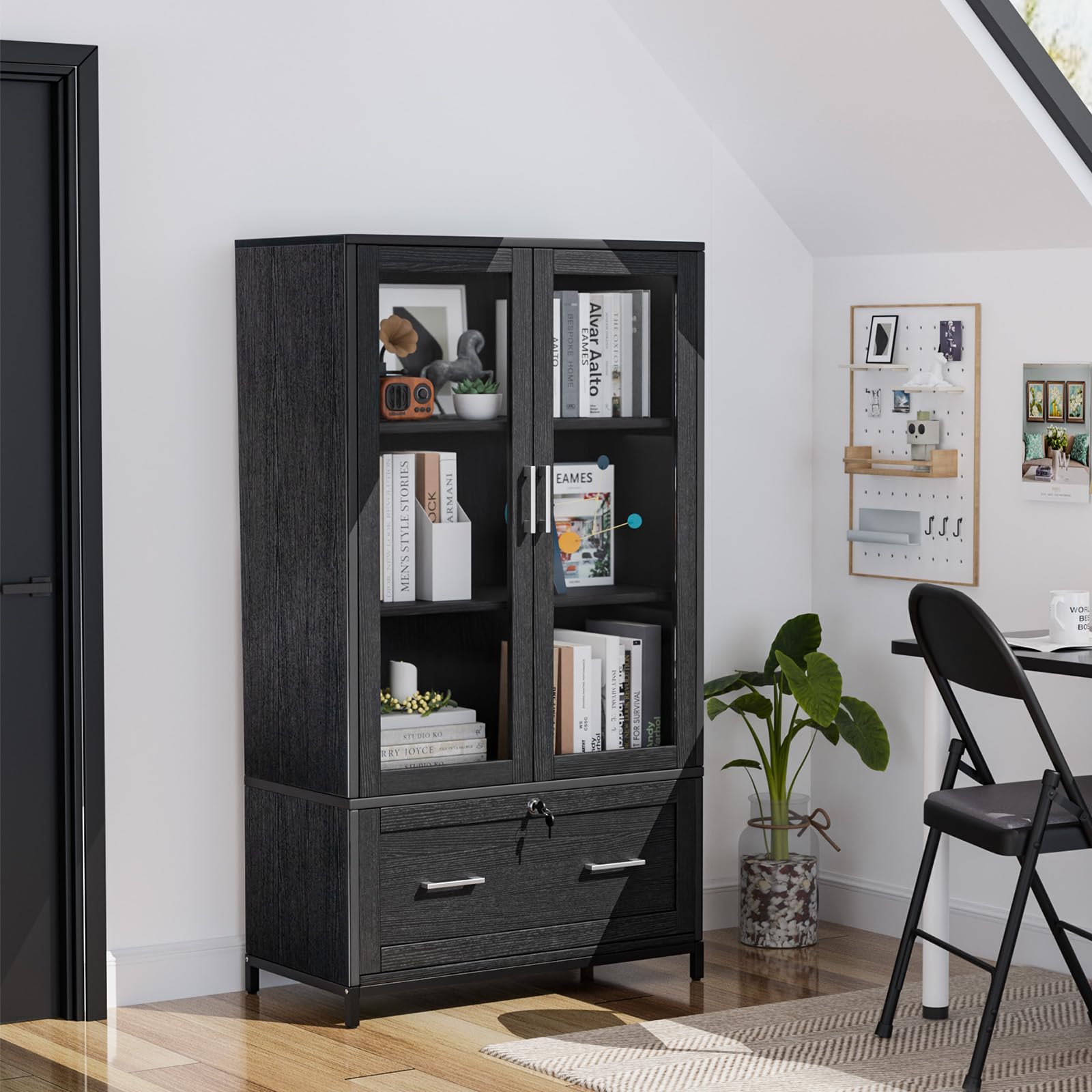 VINGLI Black Lateral File Cabinet with Glass Doors and Locking Drawer for Home Office Storage - WoodArtSupply