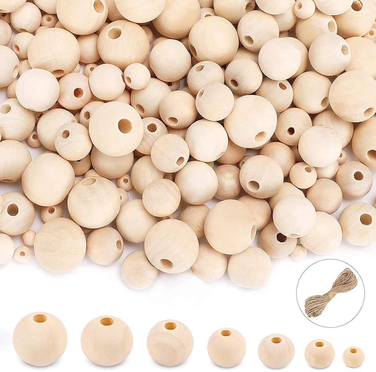 UOONY 800pcs Wooden Beads for Crafts 7 Sizes Unfinished Natural Wood Beads Wooden Beads Bulk 6mm, 8mm, 10mm, 12mm, 14mm, 16mm, 20mm Beads for Garland Macrame Jewelry Making DIY Farmhouse Decor UOONY