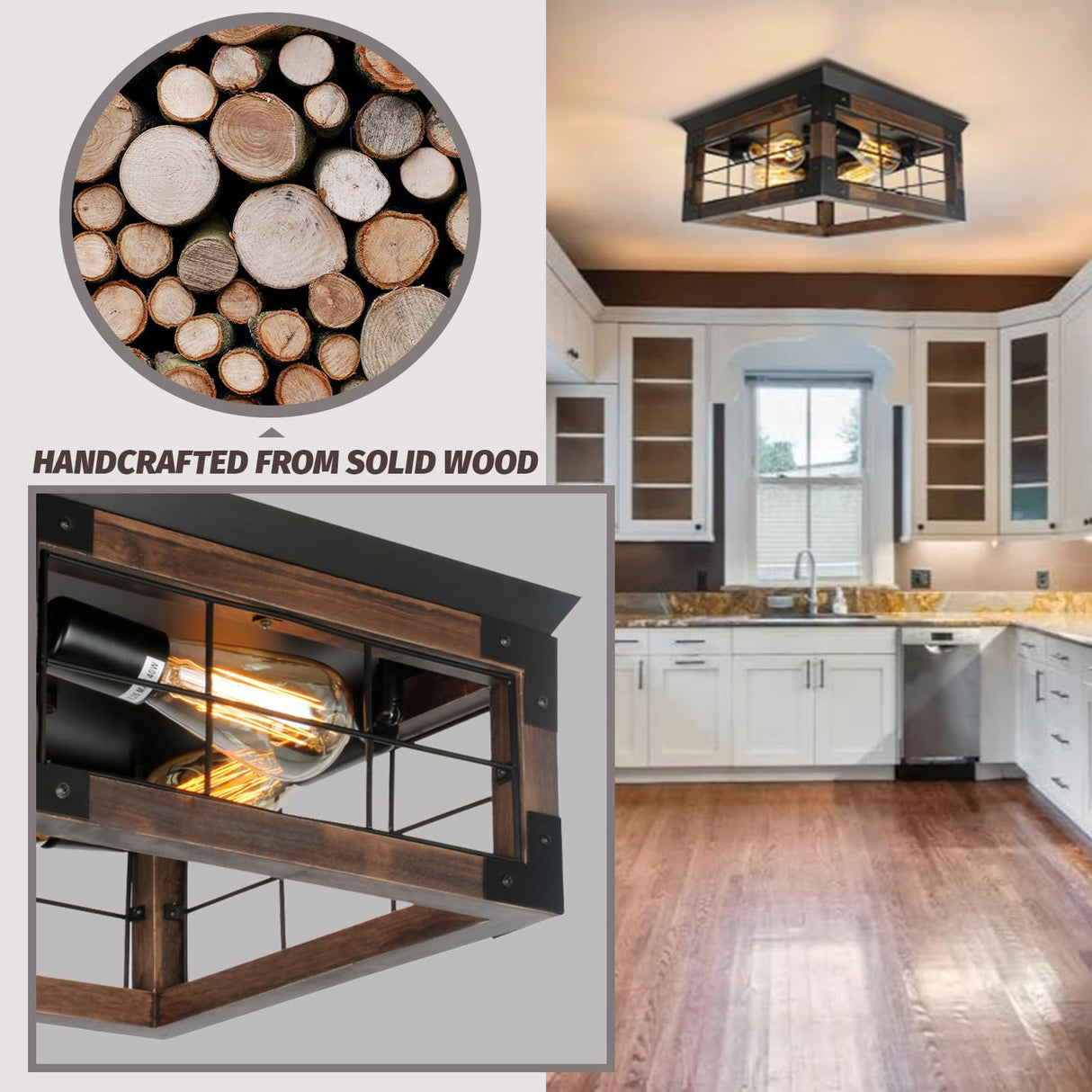 Farmhouse Flush Mount Ceiling Light, 4-Lights Rustic Wood Square Ceiling Light Fixture Kitchen Light Fixture, Farmhouse Light Fixtures for Dining Room Kitchen Livingroom Bedroom Porch JWLUYN