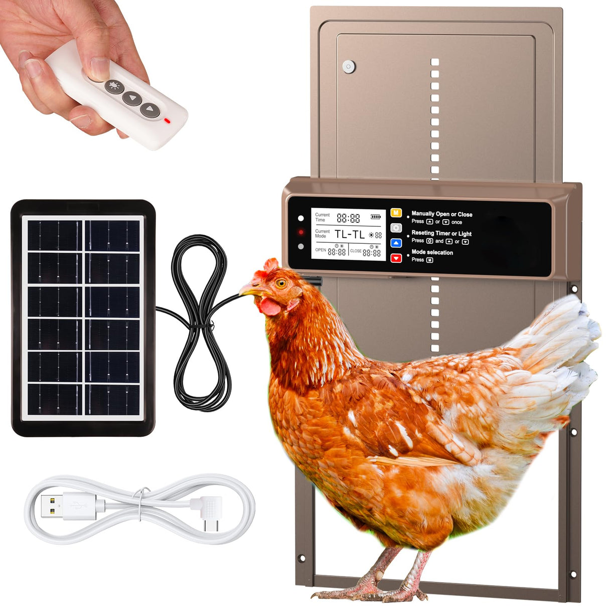 NyPots Automatic Chicken Coop Door Solar Powered, LCD Display Automatic Chicken Door with Timer & Light Sensor, Aluminum Alloy Chicken Door with Remote Control & 4 Modes Automatic Chicken Door Solar NyPots