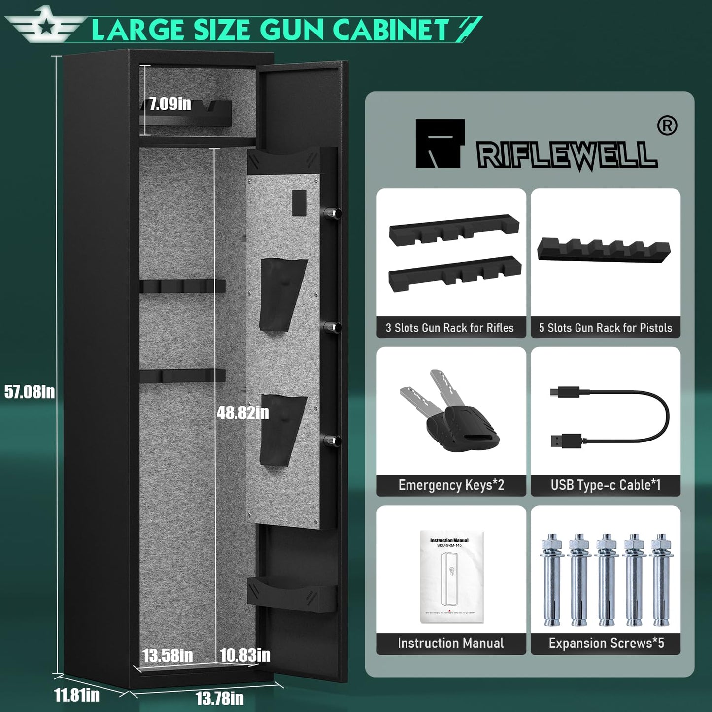 RIFLEWELL 5-6 Rifle Gun Safe, Digital Large Long Gun Safe for Home Rifle and Shotguns, Quick Access Gun Cabinets with LED Light, Rifle Safe with Adjustable Gun Rack and Removable Shelf