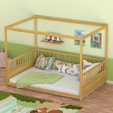 Lyngins Full Size Canopy Bed Frame with Guardrails for Kids, Floor Bed Full with Four Poster Design, Kids Montessori Floor Bed, Wood Canopy Bed Frame for Girls, Boys(Natural) Lyngins