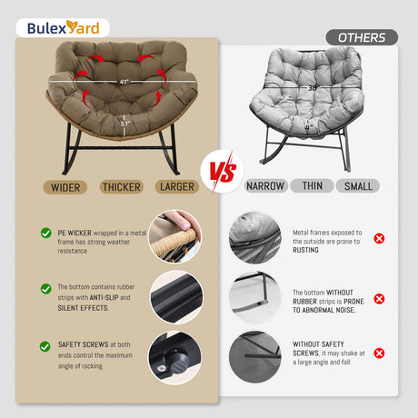 BULEXYARD Oversized Papasan Rocking Chair Indoor Outdoor 450lbs, Brown Wicker Royal Rocking Egg Chair with Brown Thick Cushion, Cozy Recliner Lounge Rocker for Balcony, Porch BULEXYARD