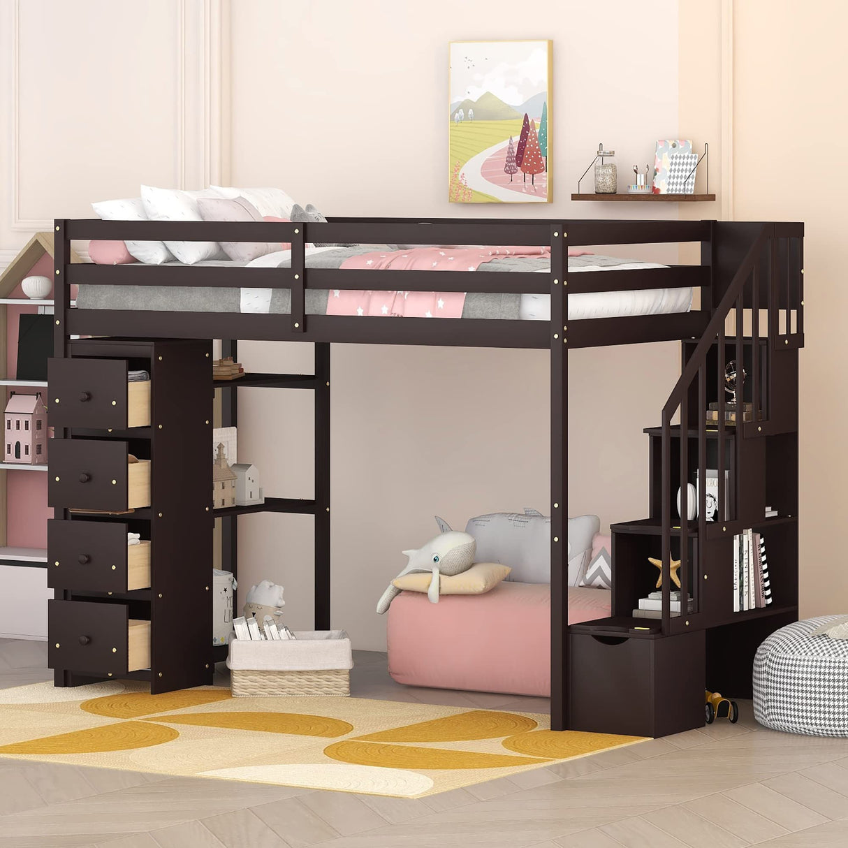 Twin Loft Bed with Stairs and Storage by Harper & Bright Designs - Solid Wood Frame in Espresso Harper & Bright Designs
