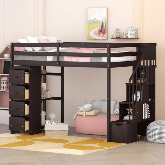 Twin Loft Bed with Stairs and Storage by Harper & Bright Designs - Solid Wood Frame in Espresso - WoodArtSupply