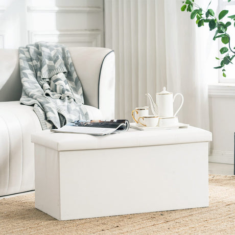Youdesure White Folding Storage Ottoman Bench, Faux Leather Footrest for Living Room, Ottoman with Storage Padded Seat for Bedroom, Holds up to 350lbs Youdesure