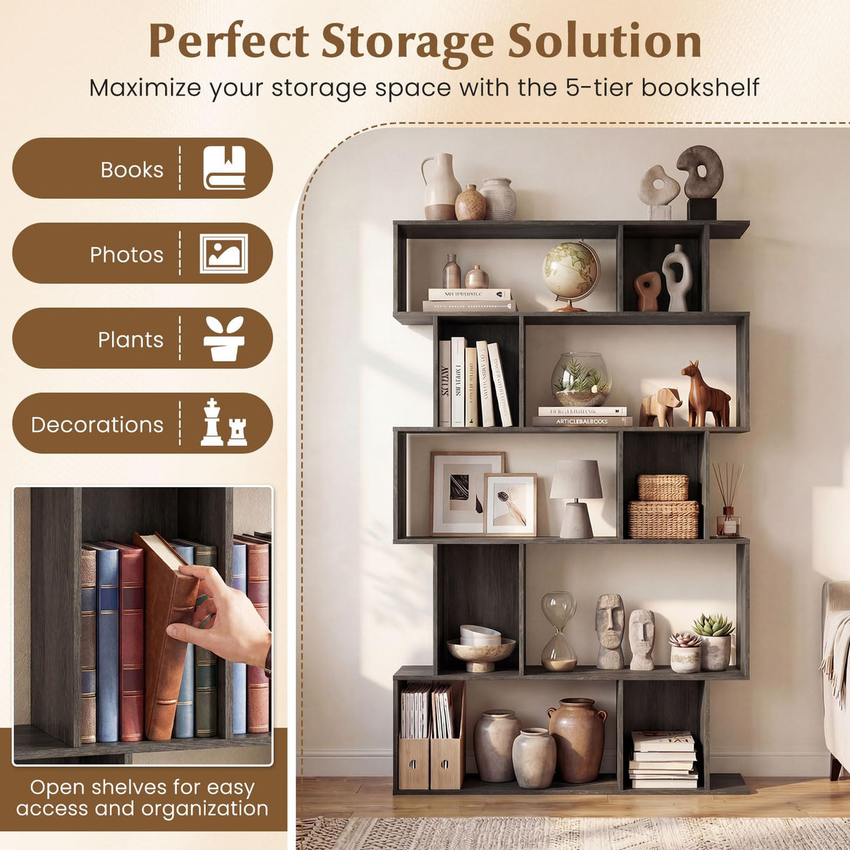 Giantex 5-Tier Bookshelf, 10-Cube Geometric Book Case with 5 Closed-Back Cubbies, Anti-toppling Kits, Open Display Storage Shelf for Living Room, Home Office, Bedroom, Gray Giantex