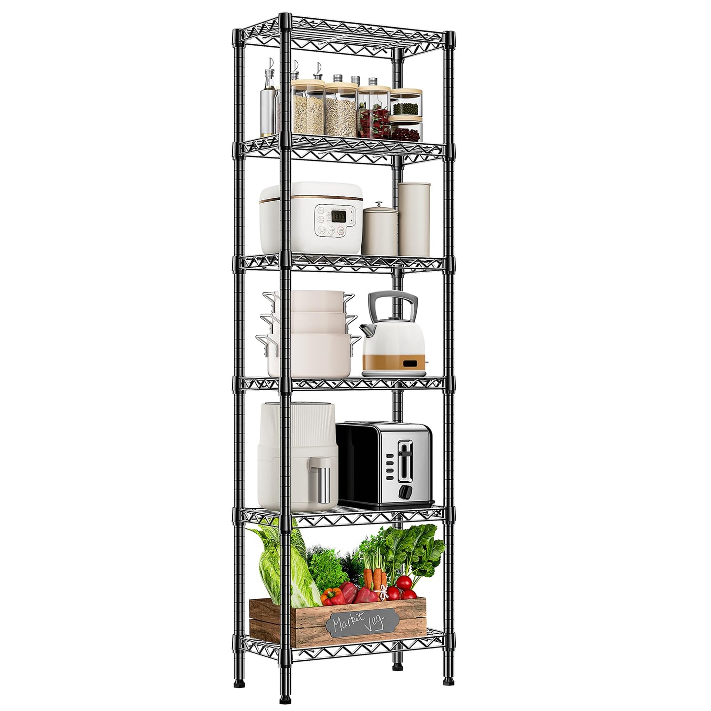 MZG 6 Tier Storage Rack Metal Wire Shelving Unit, Storage Standing Household Shelf Organizer for Laundry Bathroom Kitchen Pantry Closet Garage Basement Utility Room, Black 11.8" D x 21.7" W x 70.4" H