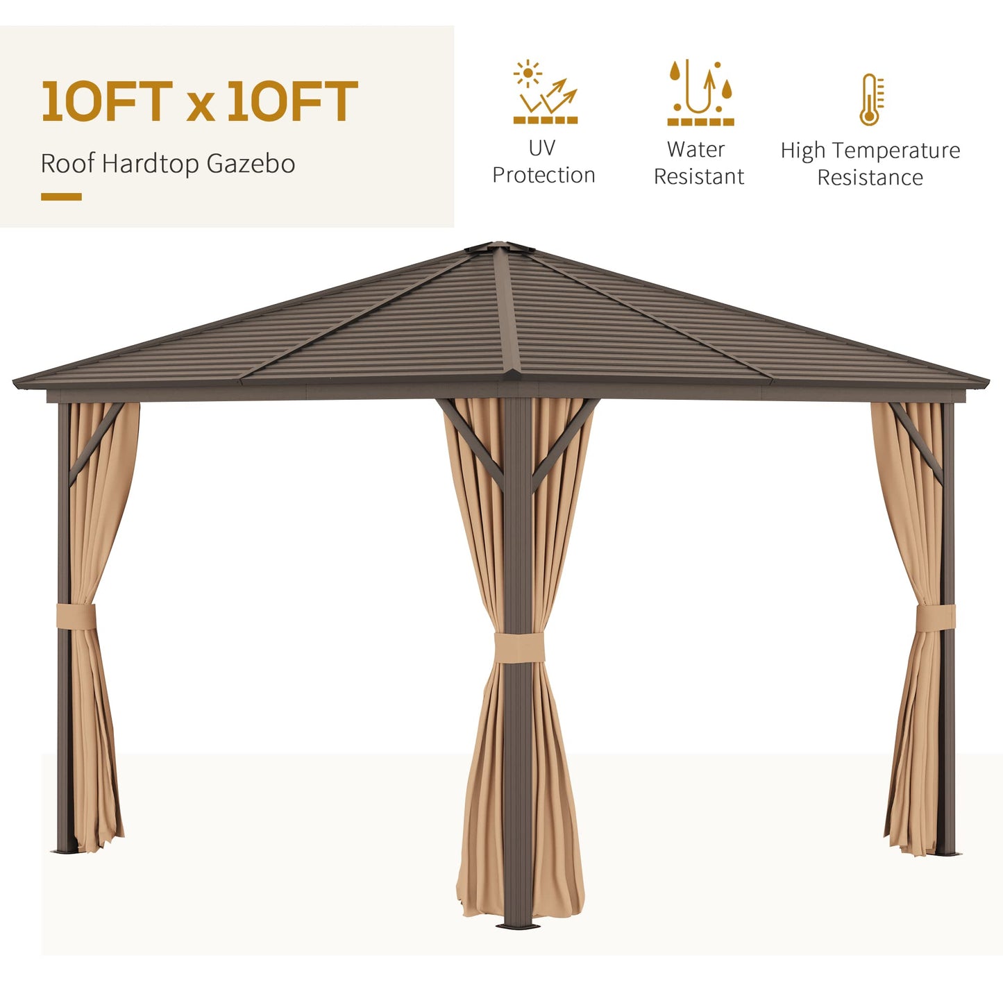 Outsunny 10' x 10' Hardtop Gazebo with Curtains and Netting, Permanent Pavilion Metal Single Roof Gazebo Canopy with Aluminum Frame and Hooks, for Garden, Patio, Backyard, Light Brown - WoodArtSupply