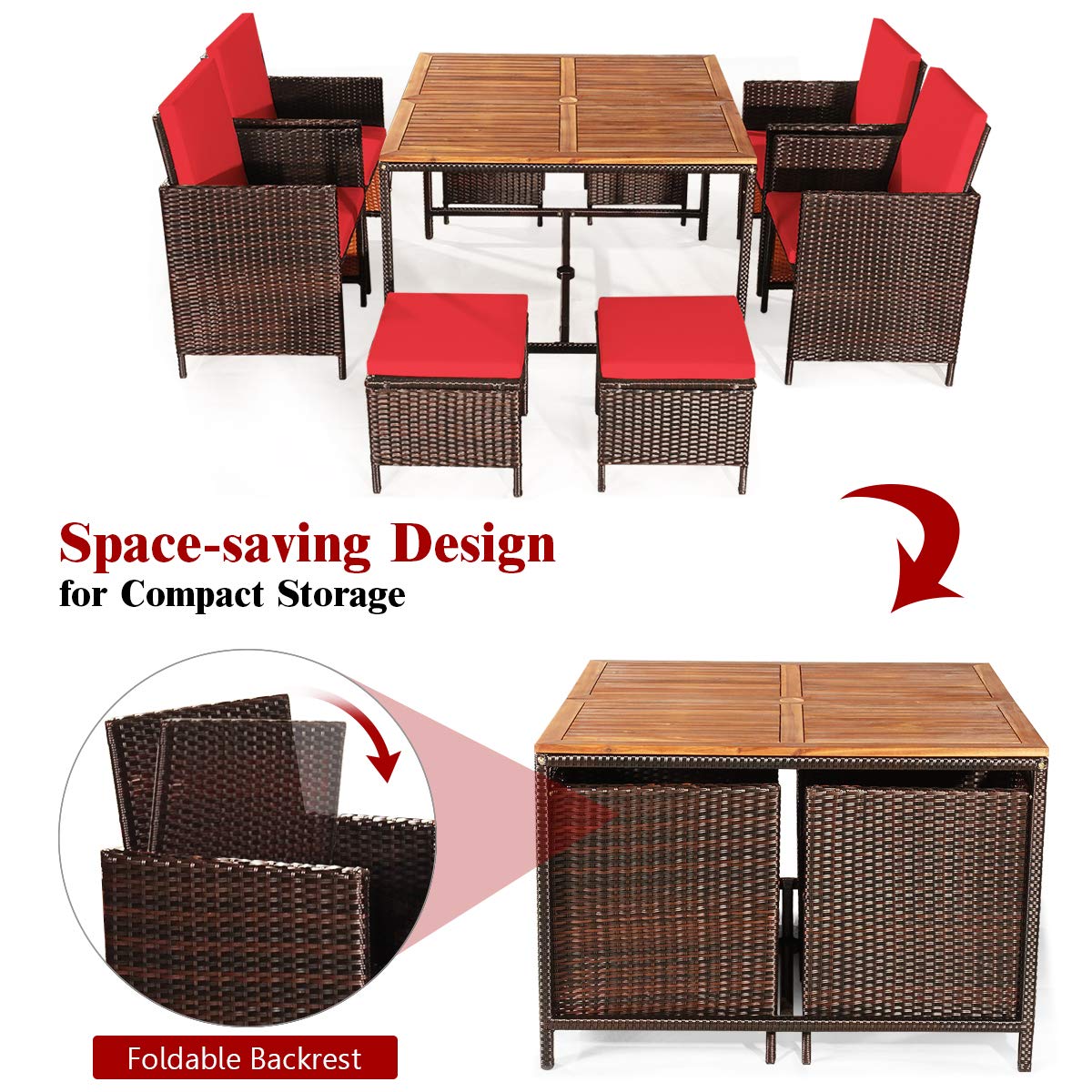 COSTWAY 9PCS Patio Rattan Dining Set Cushioned Chairs Ottoman Wood Table Top Red