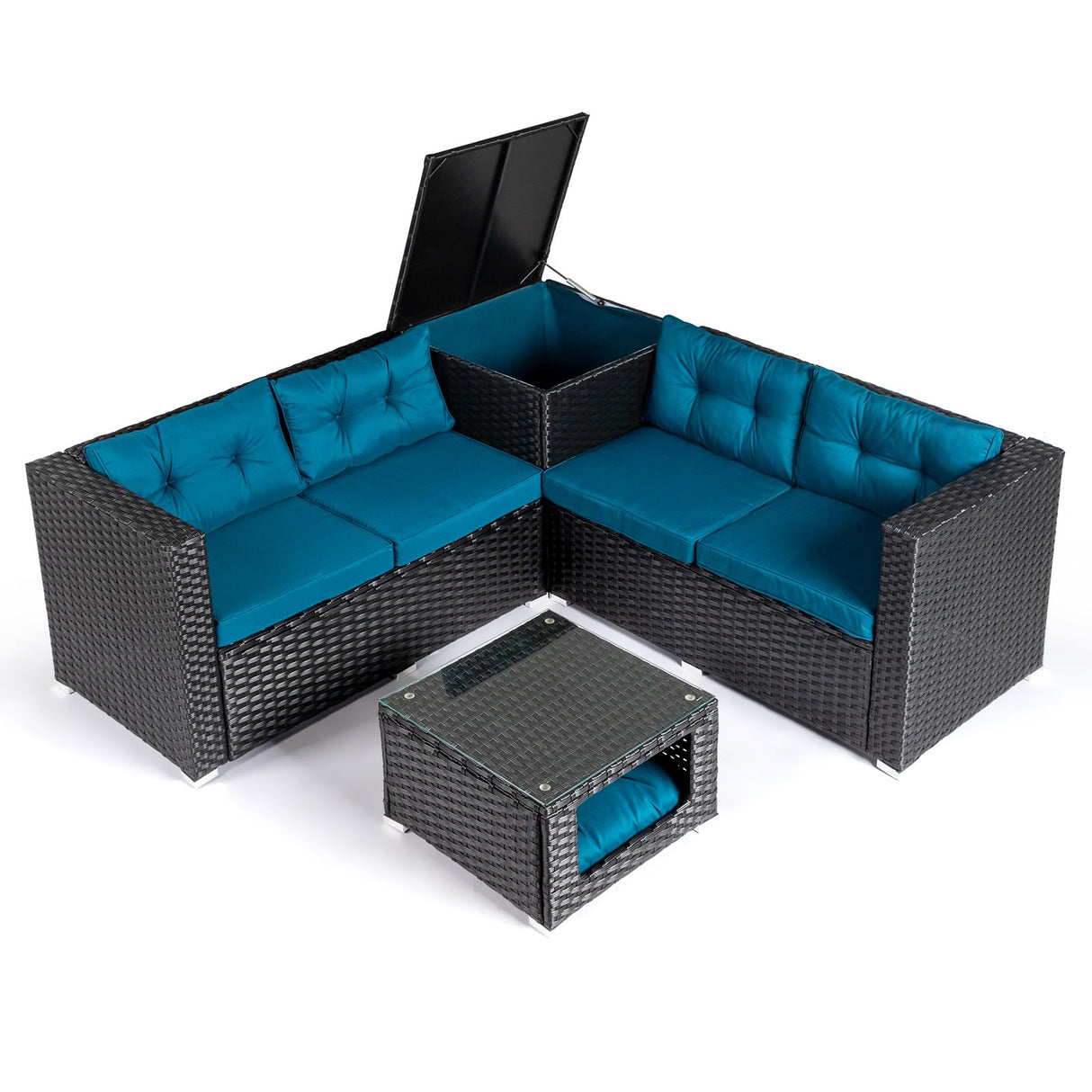 VINGLI 4 Pieces Outdoor Sectional Wicker Patio Furniture Set, Patio Sectional Sofa with Hidden Storage Outdoor Conversation Set, Glass Top Coffee Table for Backyard, Pool, Garden(Black) VINGLI