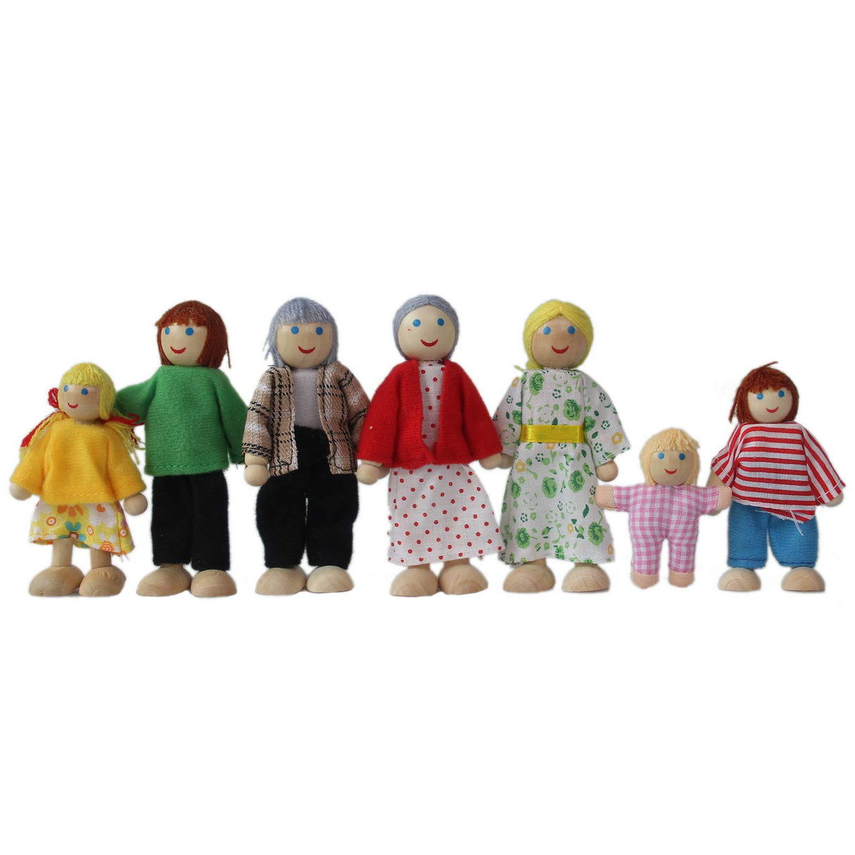 Wooden Doll House Family, 7 Miniature Figures - Dress-Up Characters: Grandpa, Grandma, Mom, Dad, Boy, Girl Yeooyoor