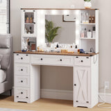 DICTAC Farmhouse Makeup Vanity Desk with Mirror and Lights, Large Vanity Table with Charging Station, 43'' Bedroom Dressing Table with 6 Drawers & 2 DICTAC