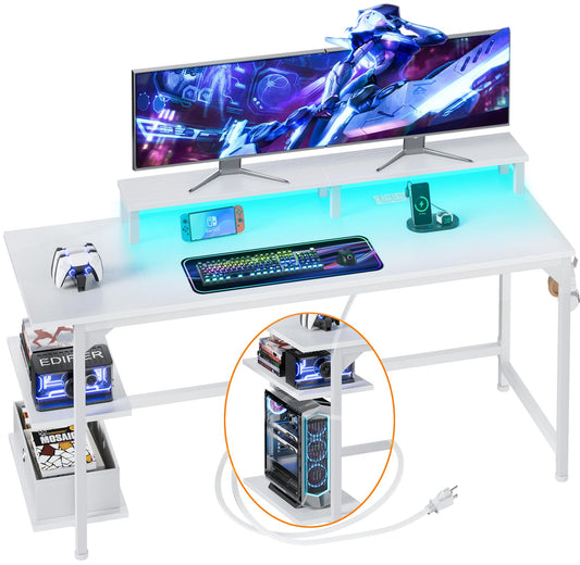 Furologee White Gaming Desk with Charging Station and LED Lights, 55" Office Computer Desk with Reversible Shelves and Fabric Drawer, Study Table with Monitor Stand and 2 Hooks for Home Offic - WoodArtSupply