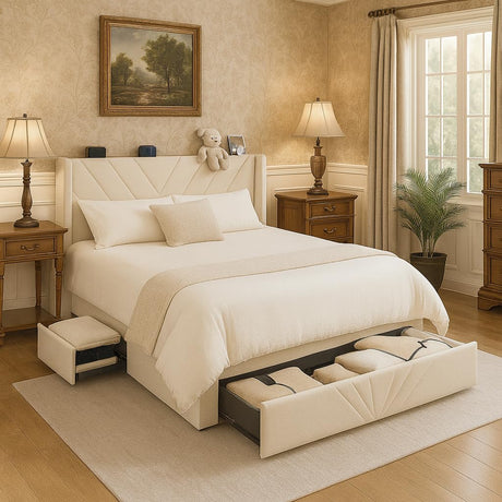 COMHOMA King Size Metal Bed Frame with Upholstered Headboard,Storage Drawers,USB & Type-C Charging Ports,No Box Spring Needed,White COMHOMA