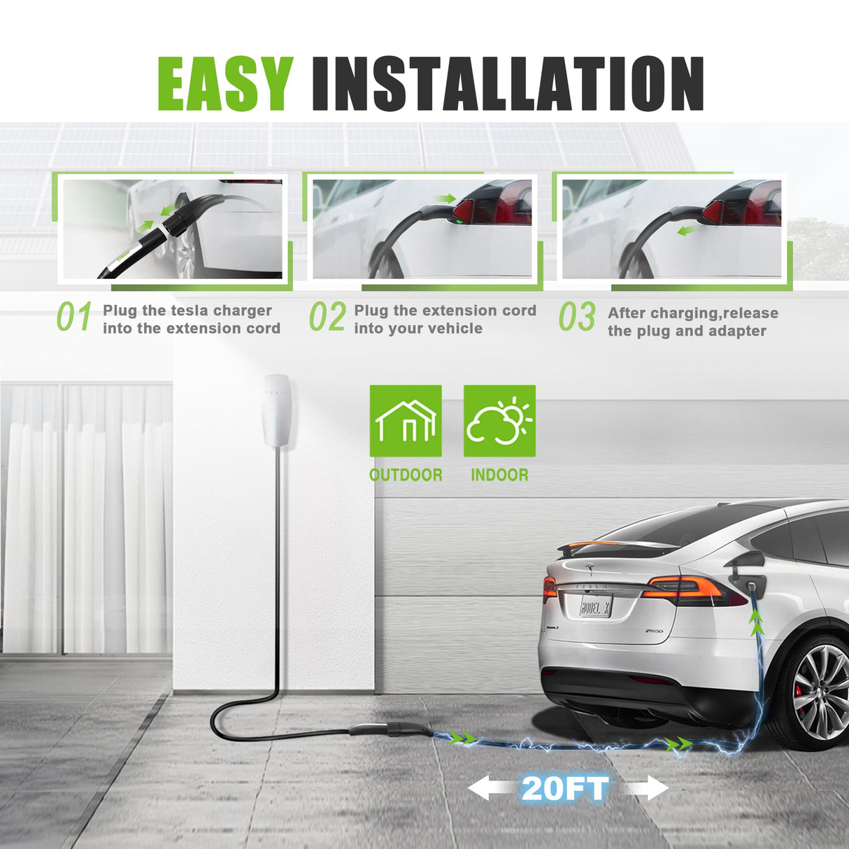 EV Tesla Charger Extension Cable, 20ft 48Amp 240Volt Max 11.5kW with NACS Plug, Extension Cord for Level 1/2 Tesla Mobile Charger/Wall Connector, Extension Cord for Model X/Y/3/S, CE/FCC Certificated EVMaster